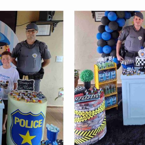 Menino de 9 anos homenageia a Polícia Militar de SP em seu aniversário em Santa Rita do Passa Quatro