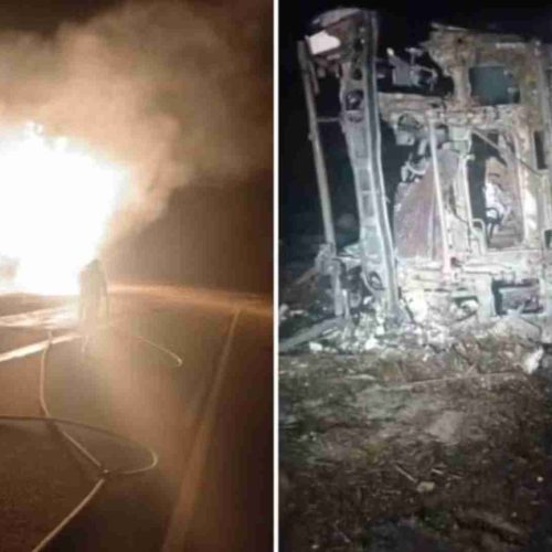 Caminhoneiro morre carbonizado após caminhão-tanque tombar e pegar fogo na Estrada Vicinal Afif Cury 