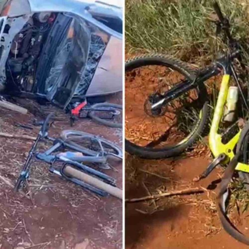 Carro atropela grupo de ciclistas e capota em estrada rural; acidente deixou três feridos
