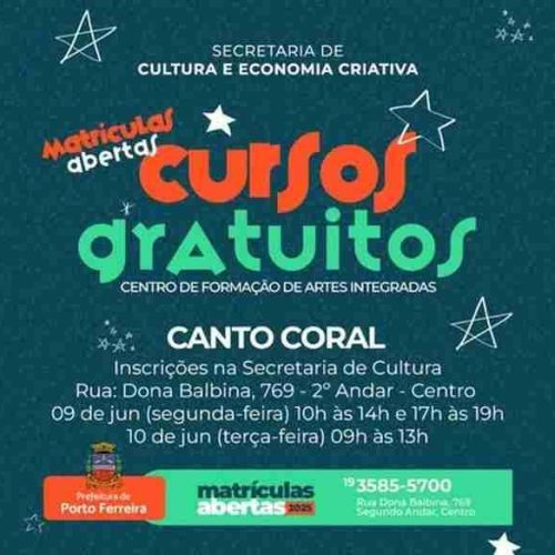 Cultura de Porto Ferreira abre inscrições para o “curso Canto Coral” neste domingo(9) e segunda(10)