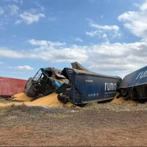 Trem carregado com milho descarrila após colisão com caminhão de cana em Araraquara